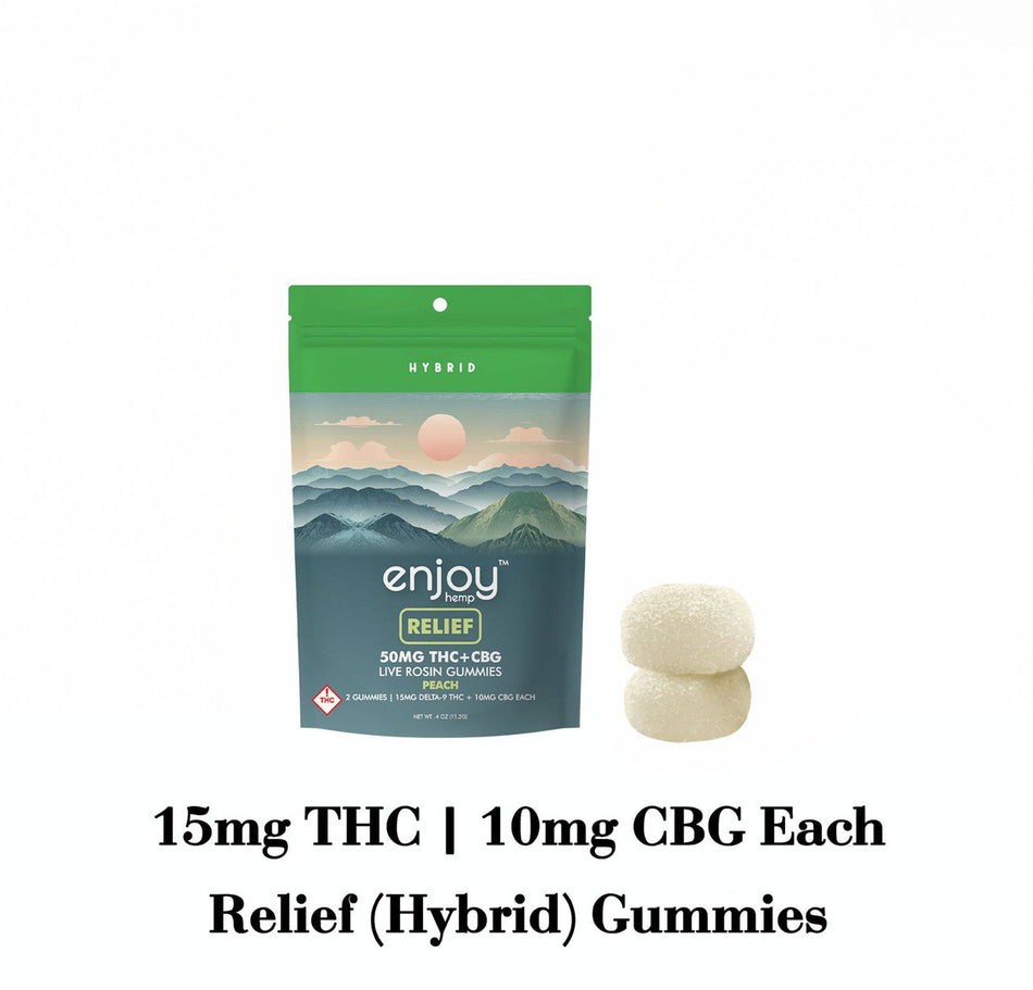Enjoy Hemp Live Rosin Relief 50 mg Delta 9 THC + CBG (Hybrid-Infused Peach Gummies) 25mg each | 2 gummies