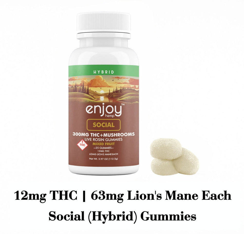 Enjoy Hemp Live Rosin Delta 9 THC + Mushrooms 300mg Gummies for Social (Hybrid) - 25 gummies | 12mg + 63mg Lion's Mane each