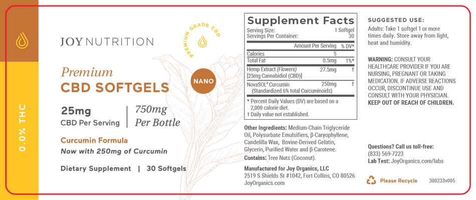 Joy Organics 25mg CBD Softgels with Curcumin