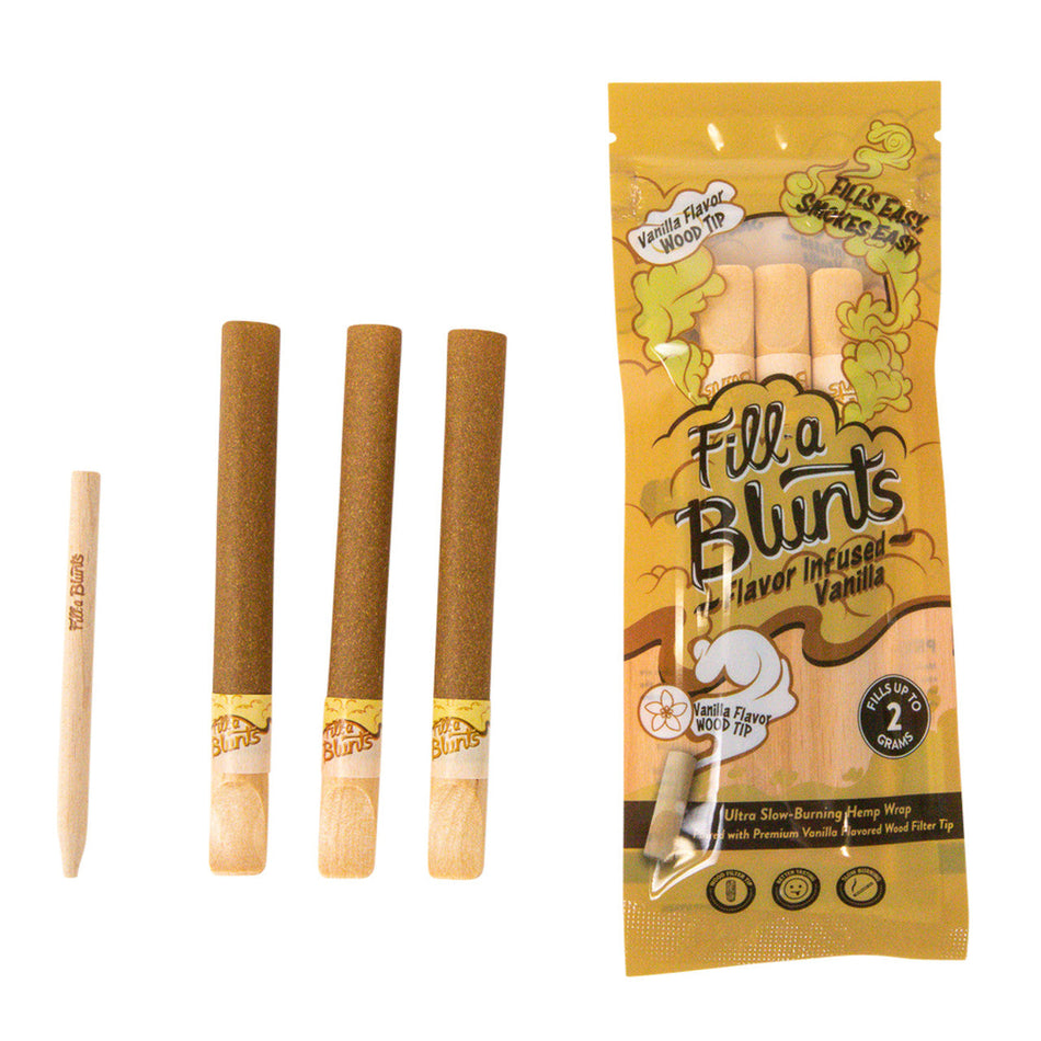 Fill-a Blunts 2 Gram Fatty Pre Rolled Hemp Wrap Blunt Tubes with Vanilla Flavor Wood Filter Tips [Pack of 3]