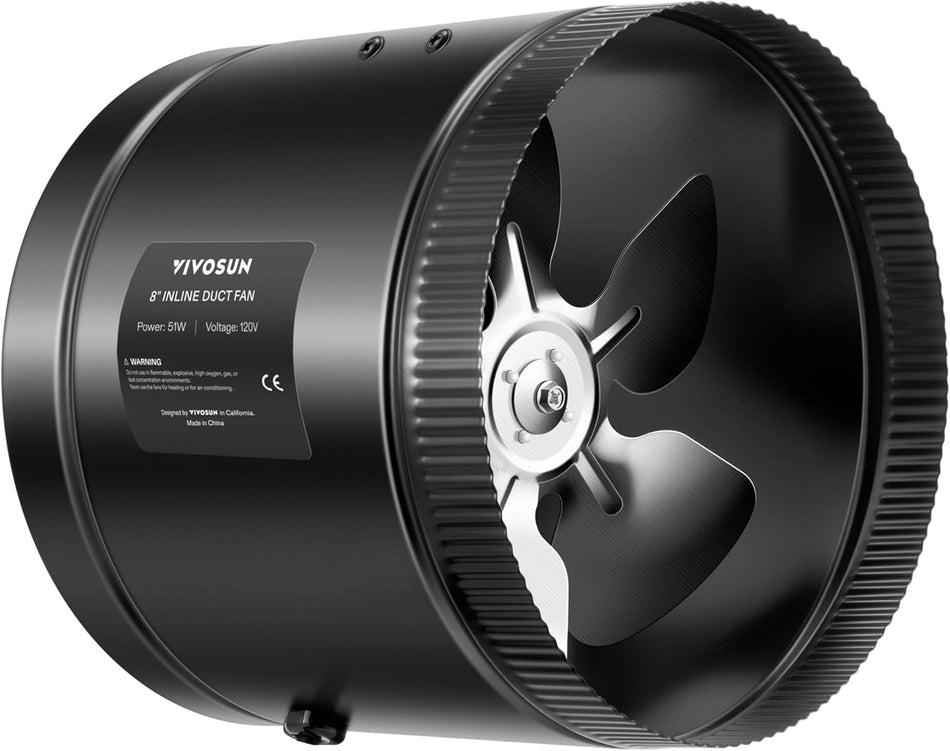 VIVOSUN Inline Booster Duct Fan 8” 420 CFM, HVAC Exhaust Ventilation Fan with Low Noise for Basements, Bathrooms, Kitchens, Attics, Grow Tents, Black