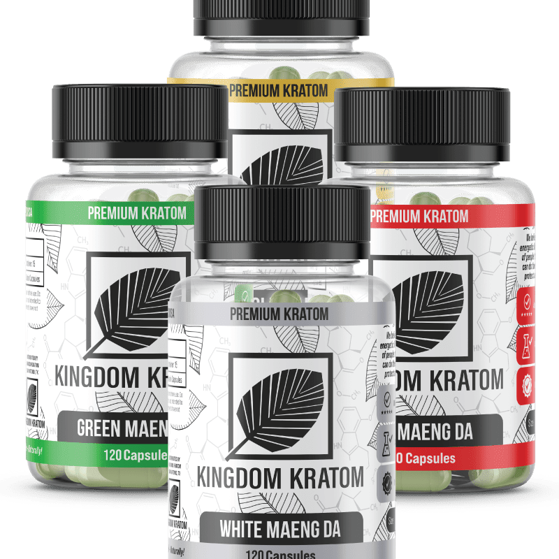 Four bottles of Kingdom Kratom capsules, each labeled with a different strain name: Green Maeng Da, Red Maeng Da, White Maeng Da, and Yellow Maeng Da.