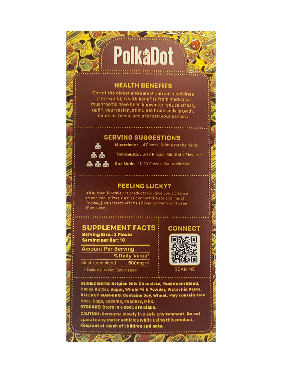 Dubai Chocolate PolkaDot Magic Mushroom Belgian Milk Chocolate 250mg