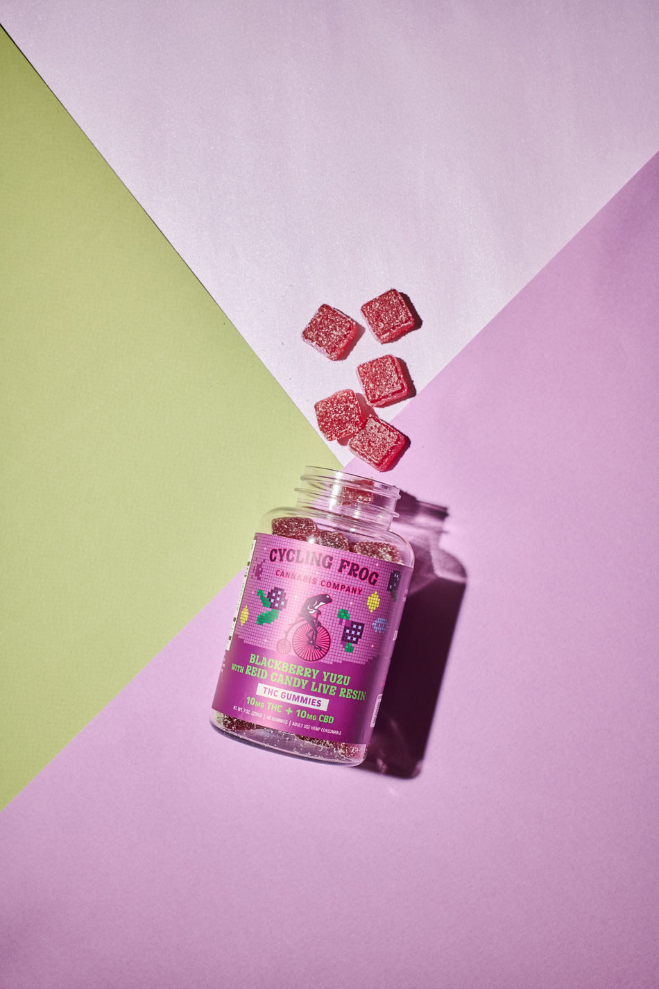 Cycling Frog Blackberry Yuzu + Reid Candy Live Resin Gummies, 10mg THC + 10mg CBD