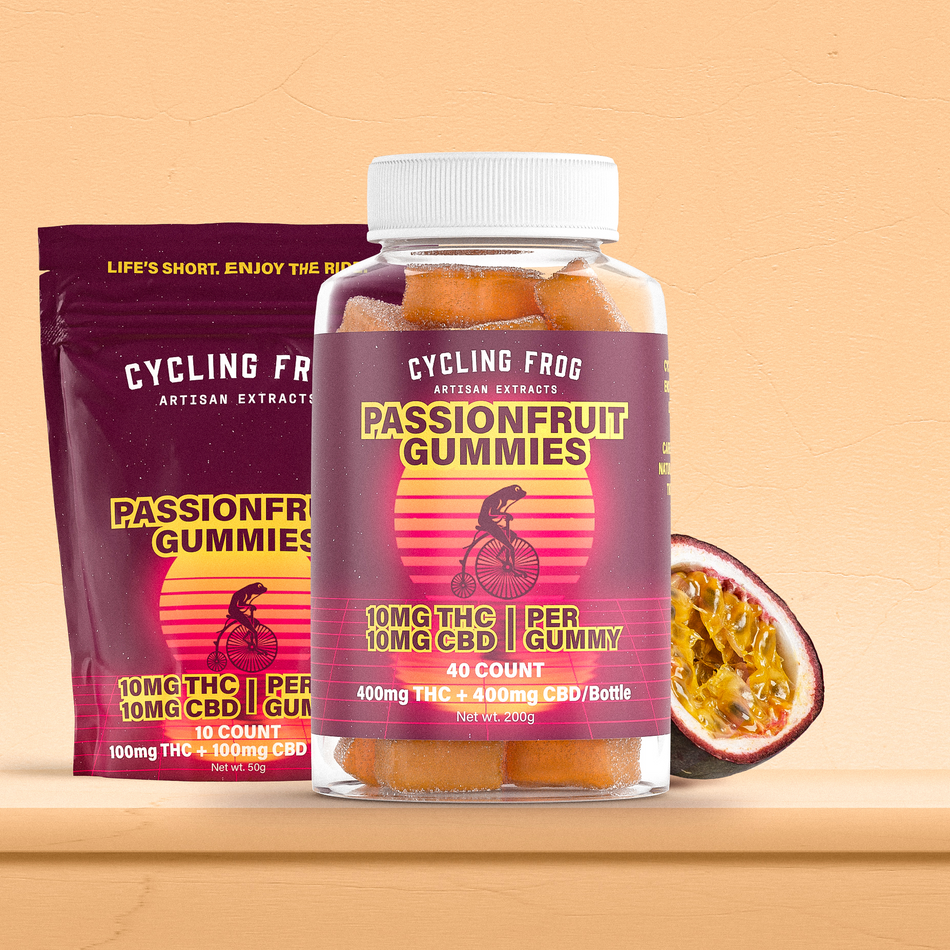 Cycling Frog Passionfruit Gummies, 10mg THC + 10mg CBD
