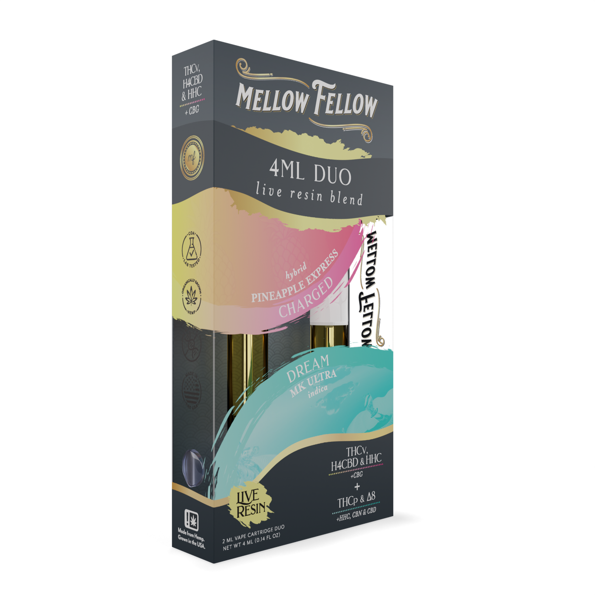 Mellow Fellow Charged (Pineapple Express) & Dream (MK Ultra) - Live Resin 4ml Vape Cart Duo Best Sales Price - Vape Cartridges