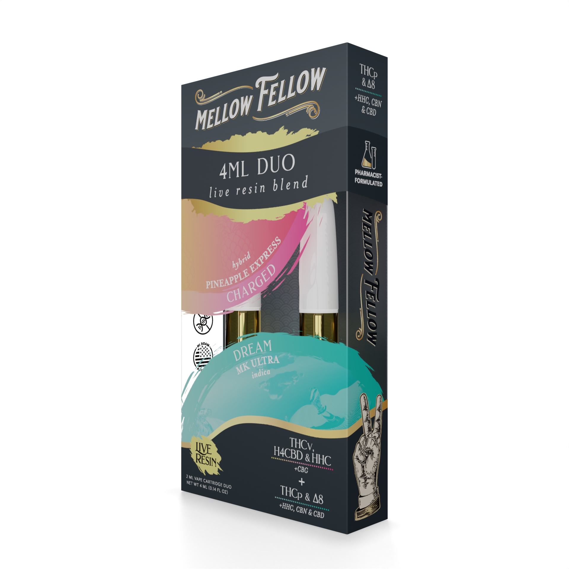Mellow Fellow Charged (Pineapple Express) & Dream (MK Ultra) - Live Resin 4ml Vape Cart Duo Best Sales Price - Vape Cartridges