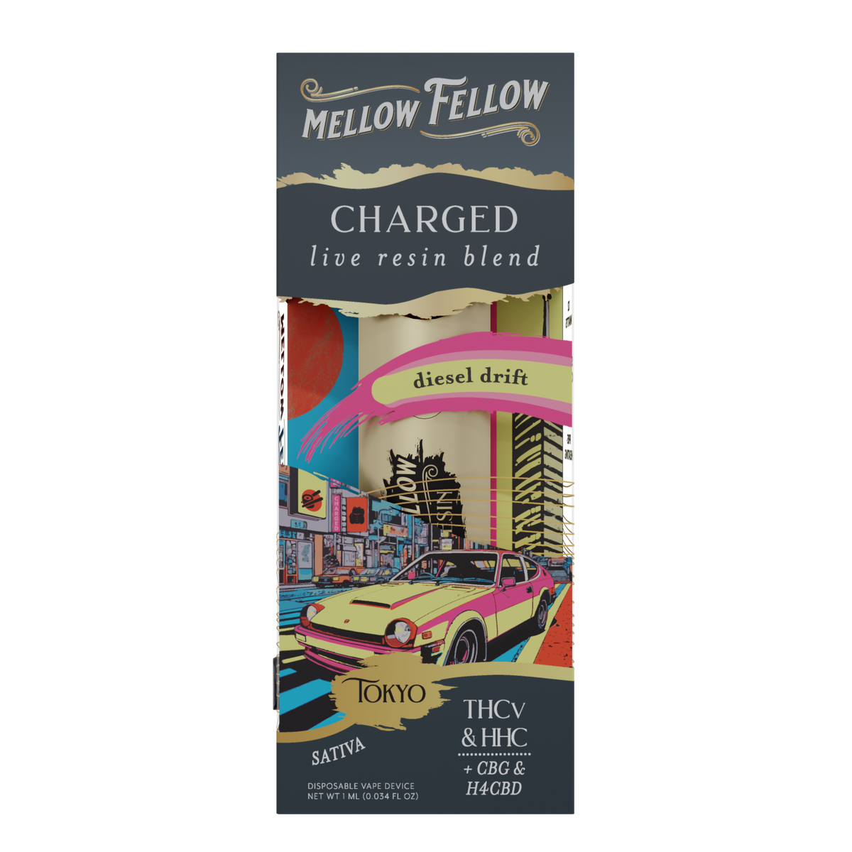 Mellow Fellow Charged Tokyo - Diesel Drift - Sativa - 1ml Live Resin Disposable Vape Best Sales Price - Vape Pens