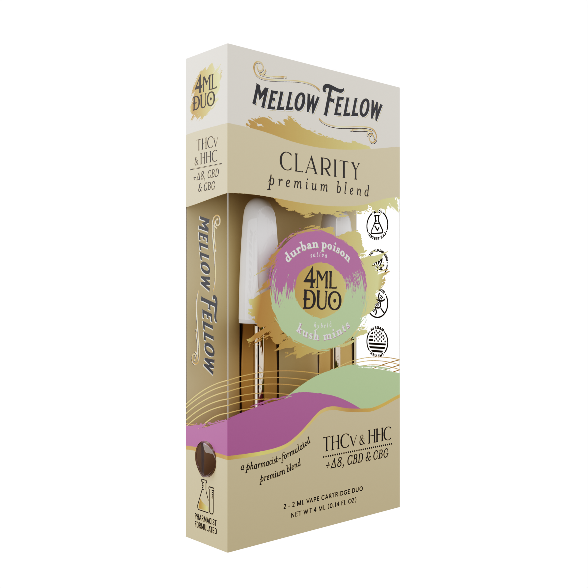 Mellow Fellow Clarity Blend - Durban Poison & Kush Mints - 2ml Vape Cartridge Duo (4ml) Best Sales Price - Vape Cartridges