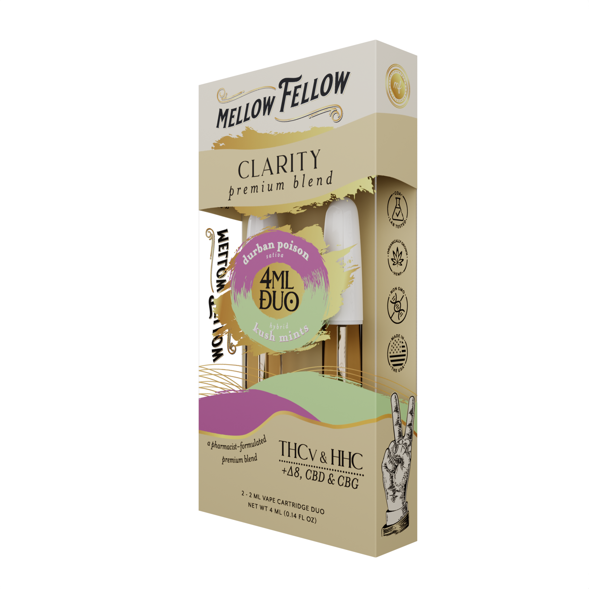 Mellow Fellow Clarity Blend - Durban Poison & Kush Mints - 2ml Vape Cartridge Duo (4ml) Best Sales Price - Vape Cartridges
