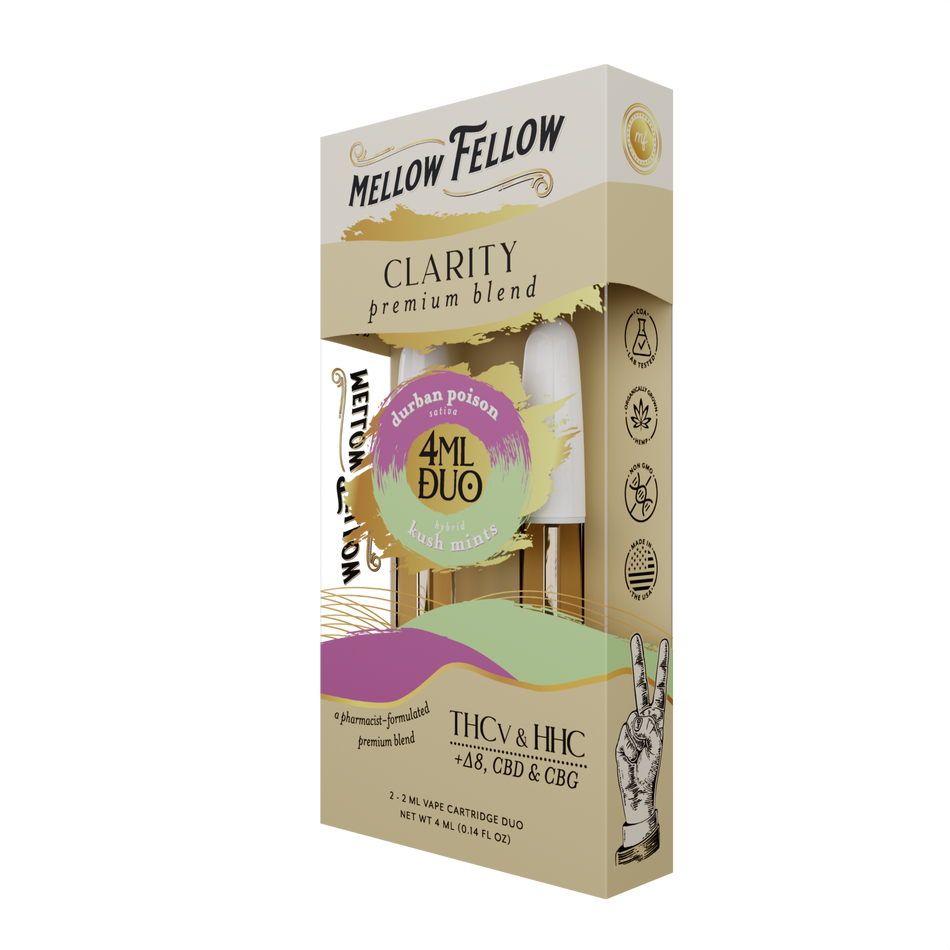 Mellow Fellow Clarity Blend - Durban Poison & Kush Mints - 2ml Vape Cartridge Duo (4ml) Best Sales Price - Vape Cartridges