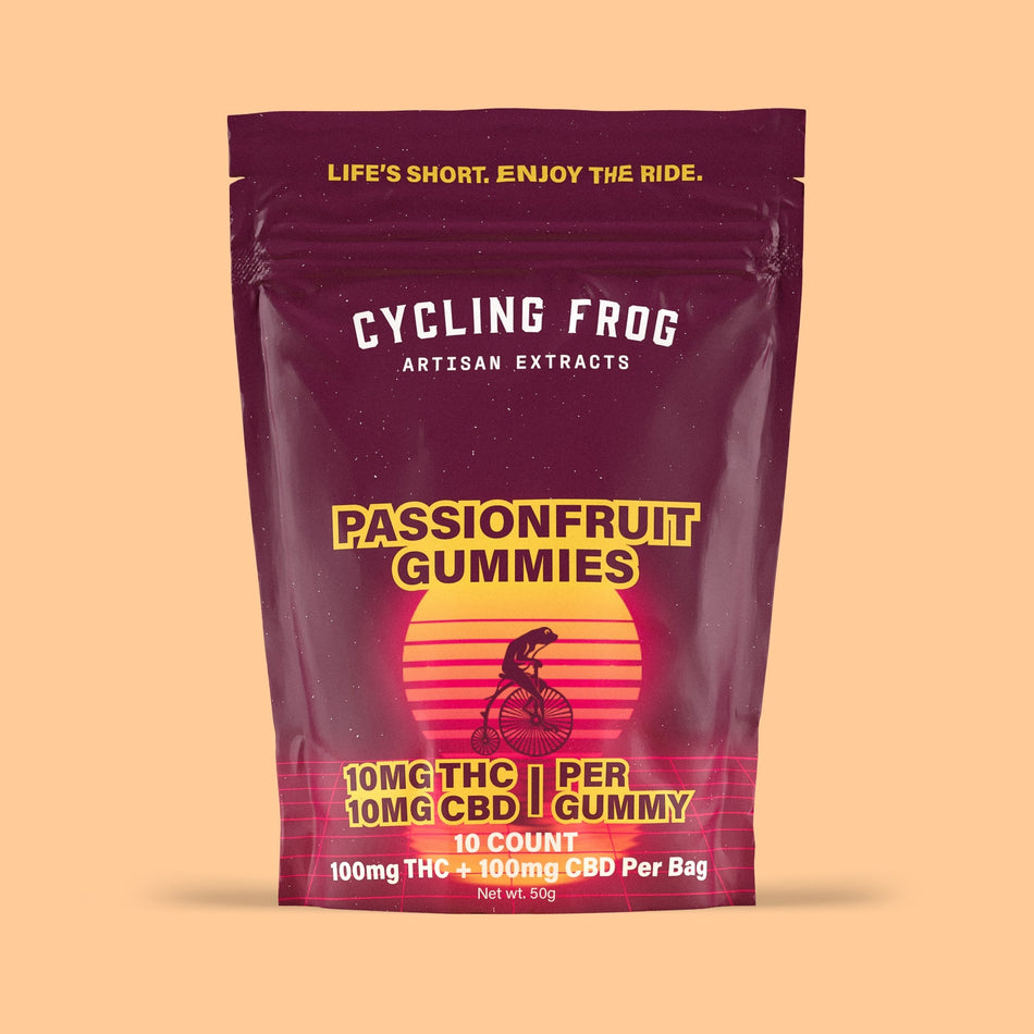 Cycling Frog Passionfruit Gummies, 10mg THC + 10mg CBD