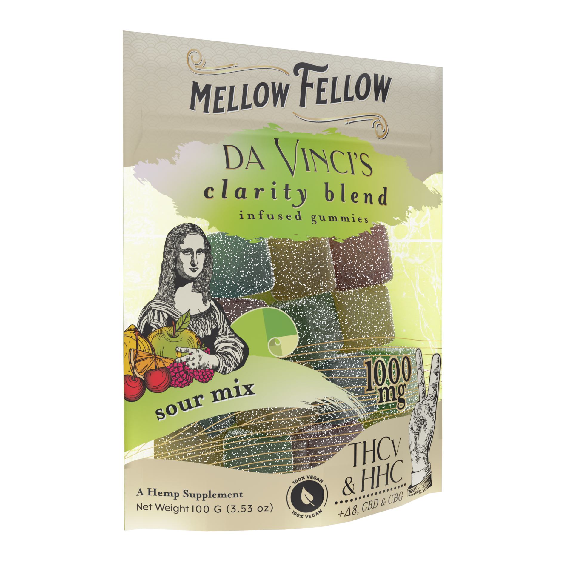 Mellow Fellow Da Vinci’s Clarity Blend M-Fusions BAGS Sour Mix - CBD, CBG, HHC, D8, THCv - 20 Cnt - 50mg Per Gummy Best Sales Price - Edibles