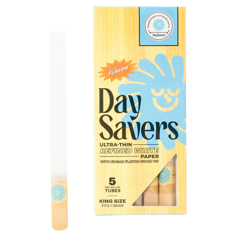 DaySavers 1 Gram King Size Pre Rolled Tubes with Sugar Flavor Wood Filter Tips - Refined White [5 Tube Pack]