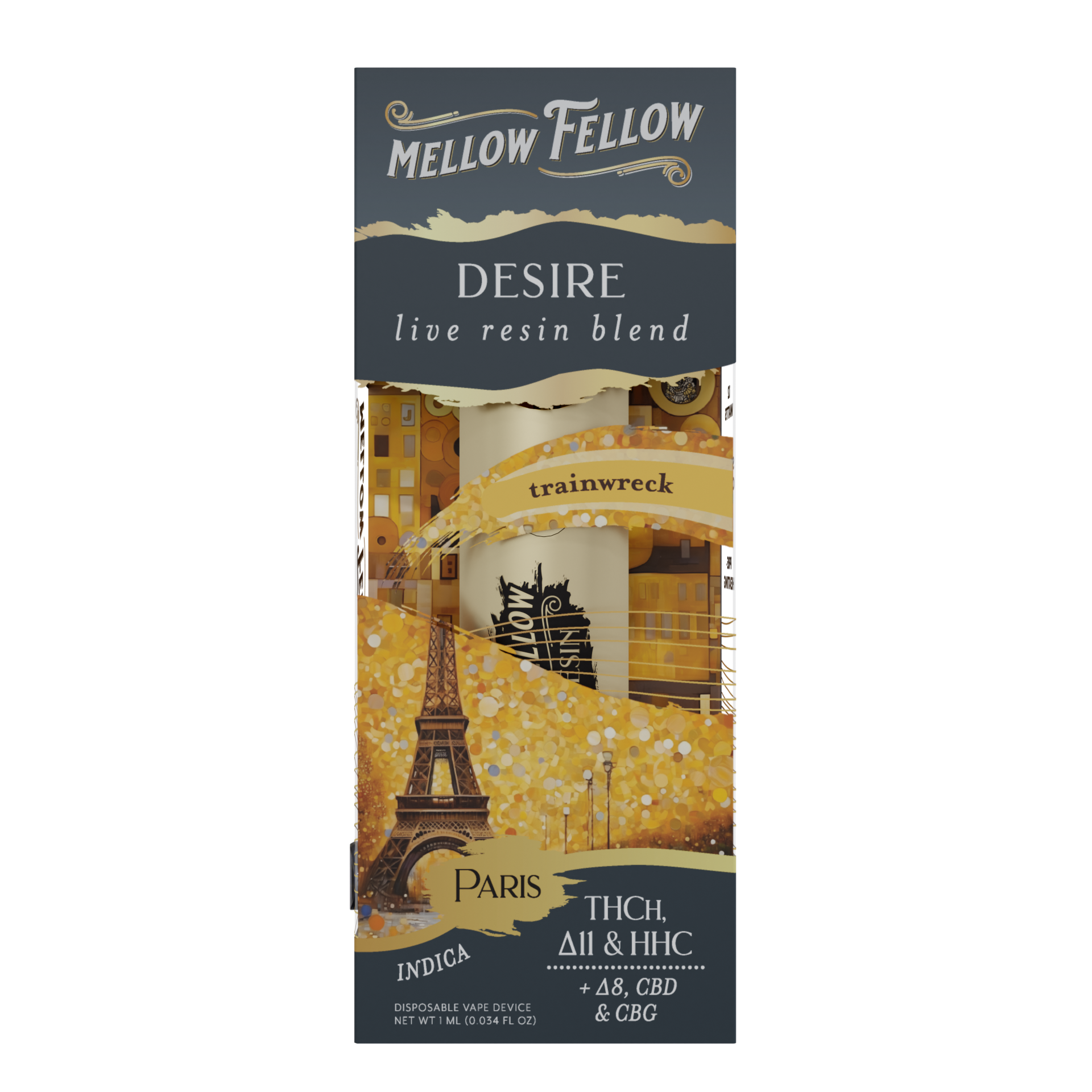 Mellow Fellow Desire Paris - Trainwreck - Indica - 1ml Live Resin Disposable Vape Best Sales Price - Vape Pens