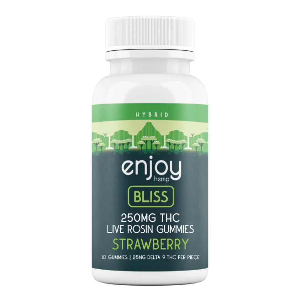 Enjoy Hemp Live Rosin Mega Dose Delta 9 THC 250mg Gummies for Bliss (Hybrid-Infused Strawberry) - 25mg each | 10 gummies Best Sales Price - Gummies