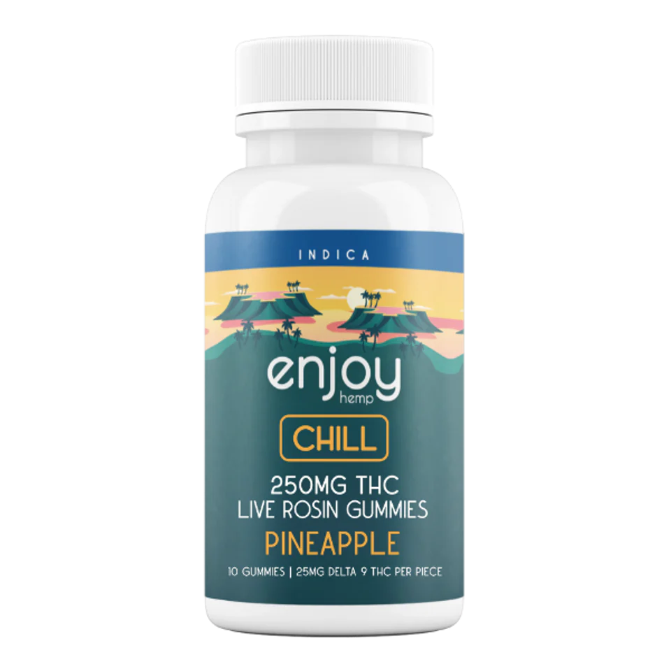 Enjoy Hemp Live Rosin Mega Dose Delta 9 THC 250mg Gummies for Chill (Indica-Infused Pineapple) - 25mg each | 10 gummies Best Sales Price - Gummies