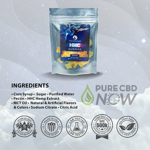 Blue Moon Hemp HHC Tropical Fruit Gummies 250mg (10ct) Best Sales Price - Gummies