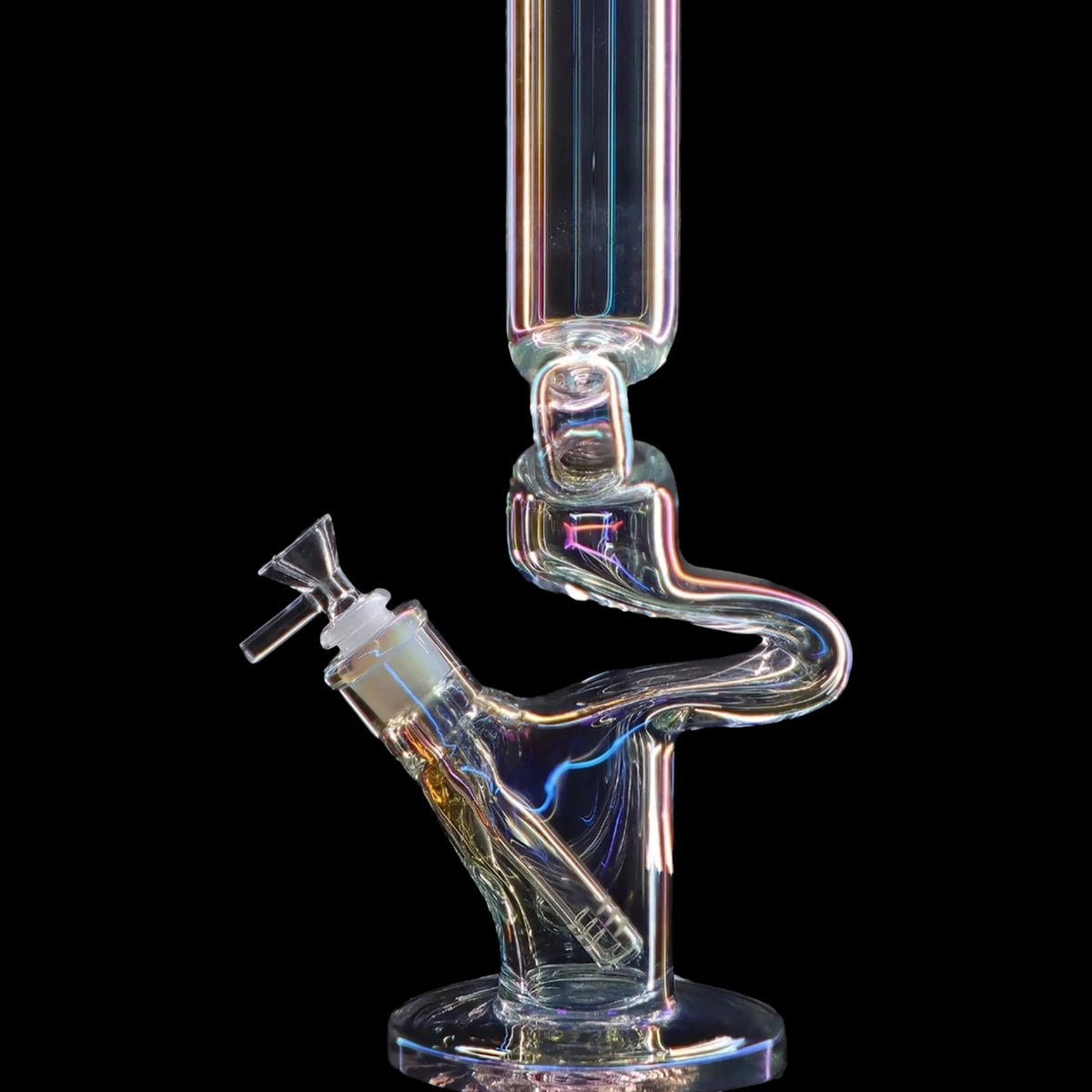Clear glass water pipe with a black background