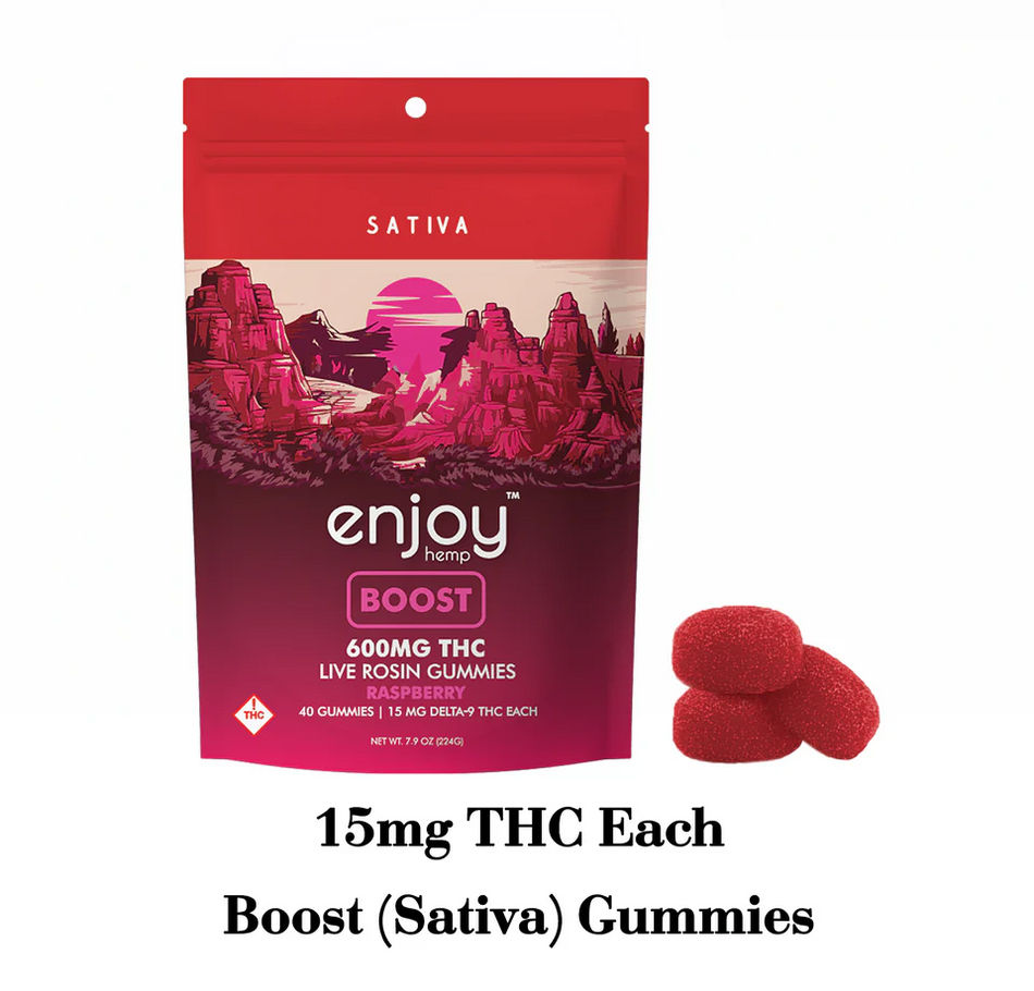 Enjoy Hemp Live Rosin Boost Delta 9 THC 600mg Gummies (Sativa-Infused Raspberry) - 15mg each | 40 gummies