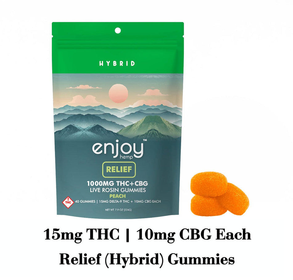 Enjoy Hemp Live Rosin Relief Delta 9 THC + CBG 1000mg Gummies (Hybrid-Infused Peach) 25mg each | 40 gummies