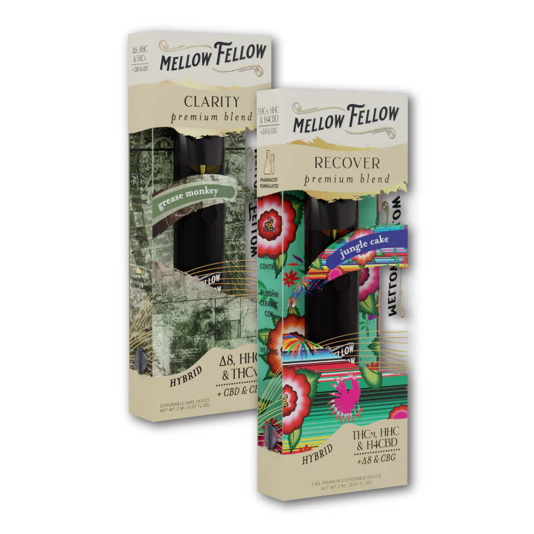 Mellow Fellow Clarity (Grease Monkey) & Recover (Jungle Cake) 2ml Disposable Vape - Day/Night Bundle Best Sales Price - Bundles