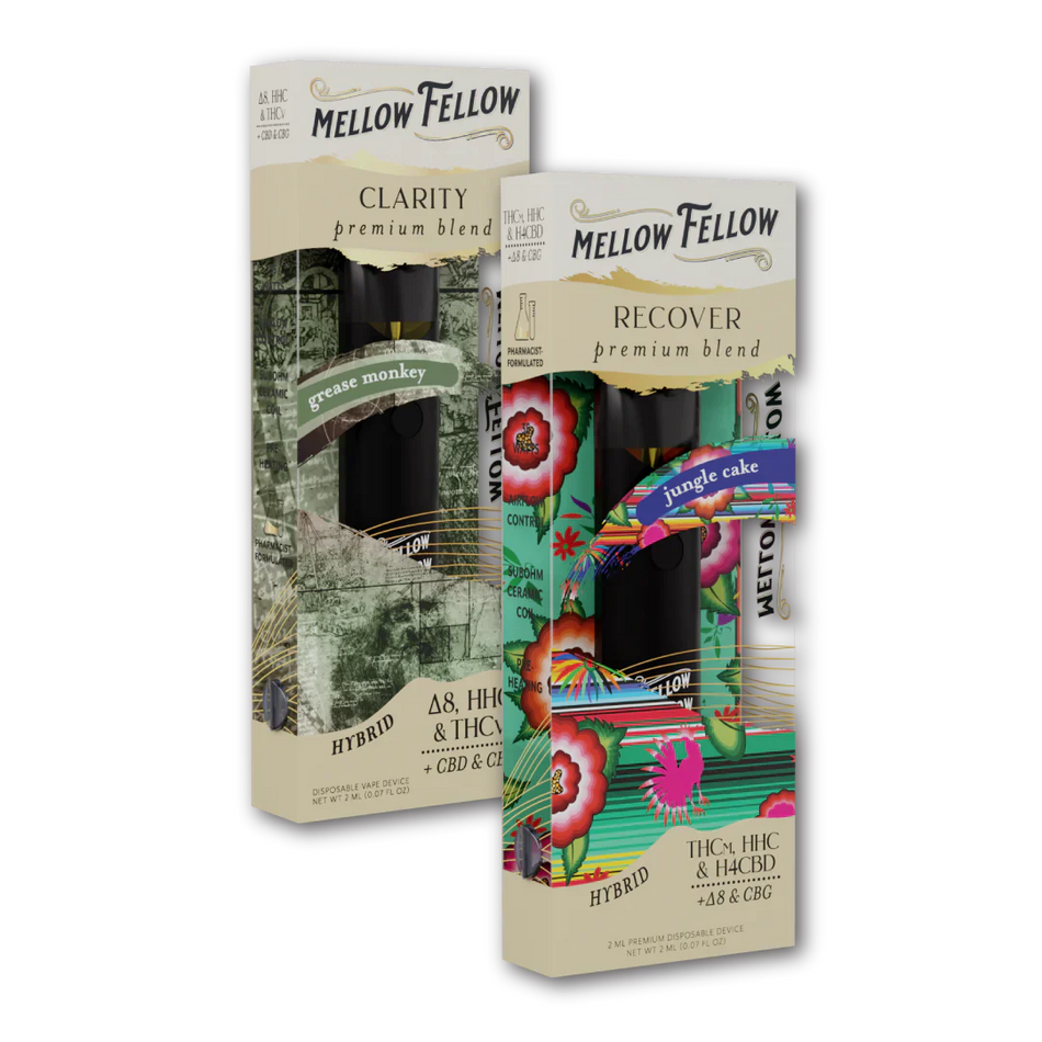 Mellow Fellow Clarity (Grease Monkey) & Recover (Jungle Cake) 2ml Disposable Vape - Day/Night Bundle Best Sales Price - Bundles