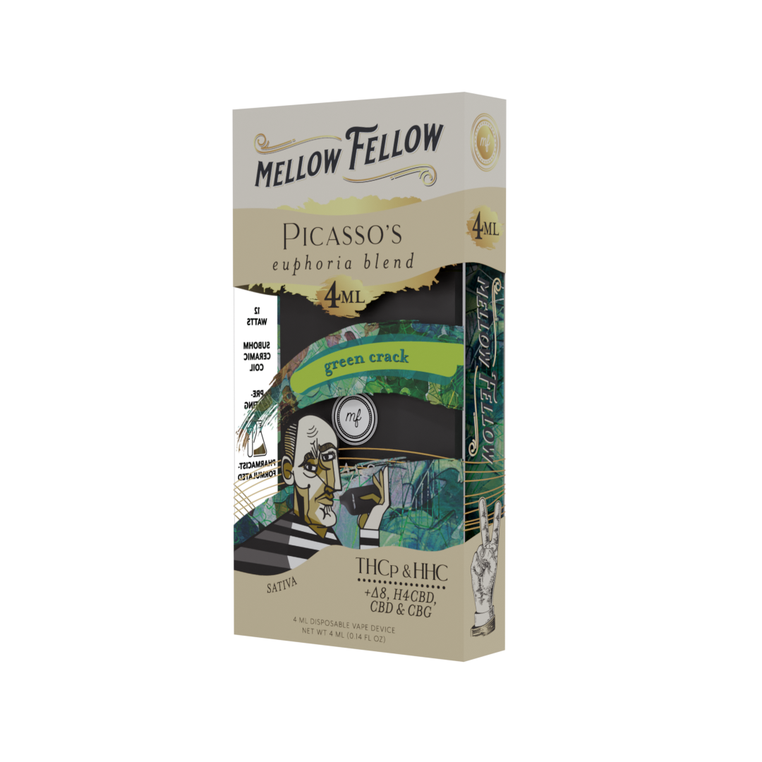 Mellow Fellow Picasso's Euphoria Blend - 4ML Disposable Vape - Green Crack - HHC, D8, PHC, CBD, CBG, THCp Best Sales Price - Vape Pens