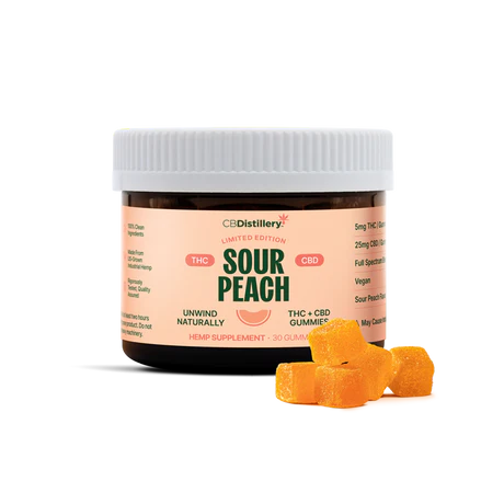 CBDistillery Sour Peach 5mg THC + 25mg CBD Gummies