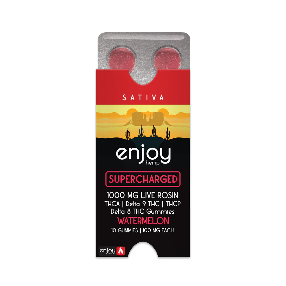 Enjoy Hemp Supercharged THCA+THCP+D9+D8 Live Rosin 1000mg Gummies (100 mg each | 10 Gummies) - Watermelon (Sativa)) Best Sales Price - Gummies