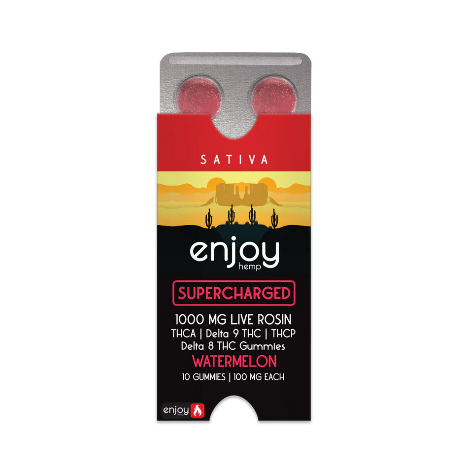 Enjoy Hemp Supercharged THCA+THCP+D9+D8 Live Rosin 1000mg Gummies (100 mg each | 10 Gummies) - Watermelon (Sativa)) Best Sales Price - Gummies
