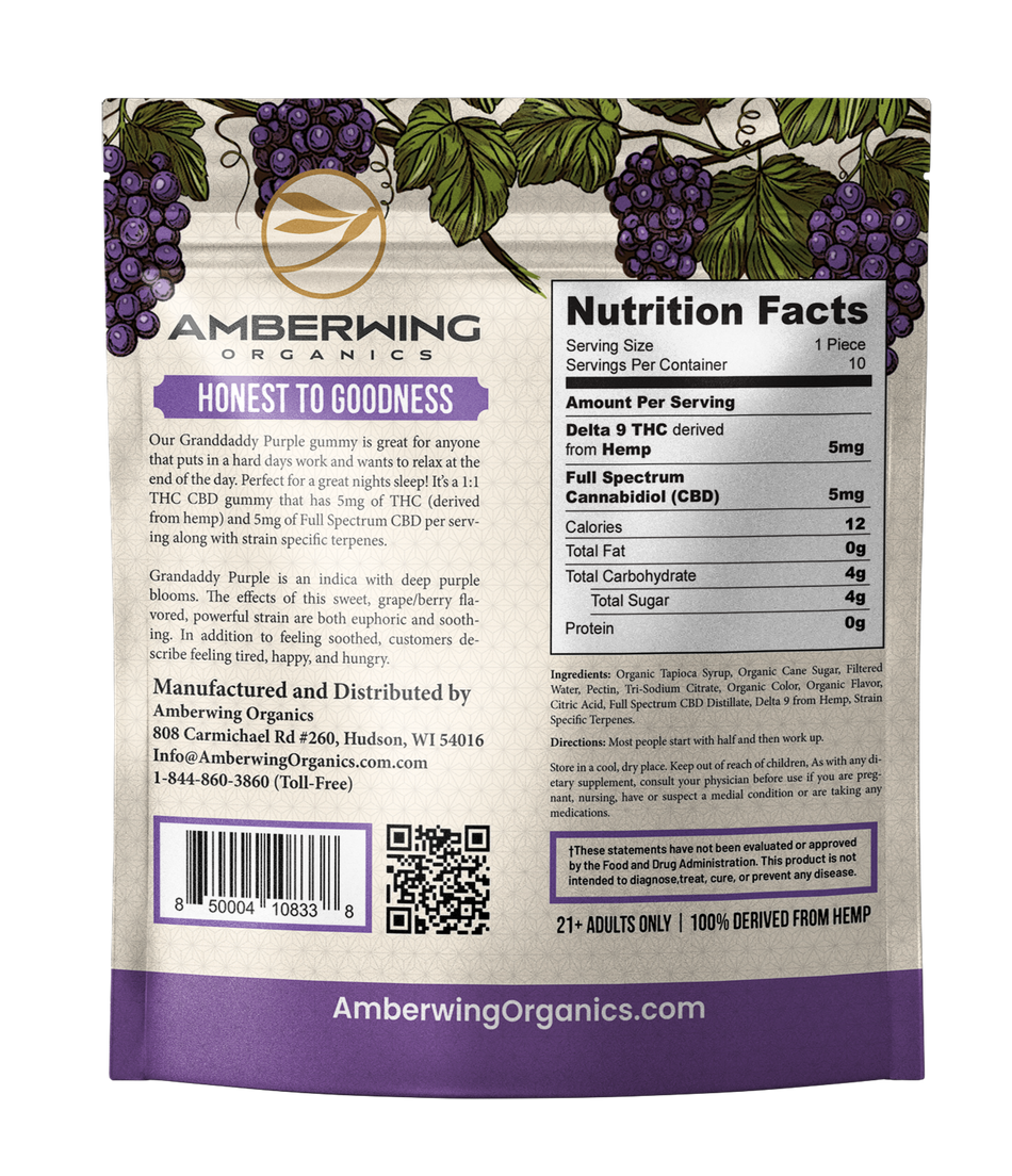 5mg Delta 9 | 5mg CBD | 1:1 | Granddaddy Purple Strain | Indica | 10 Pack