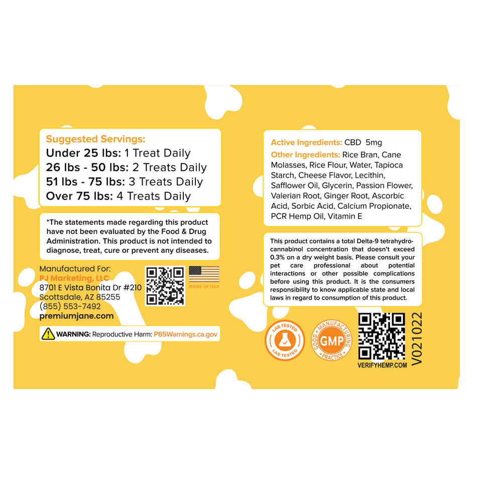 Premium Jane CBD Dog Treats – 150mg (Cheese Flavored)