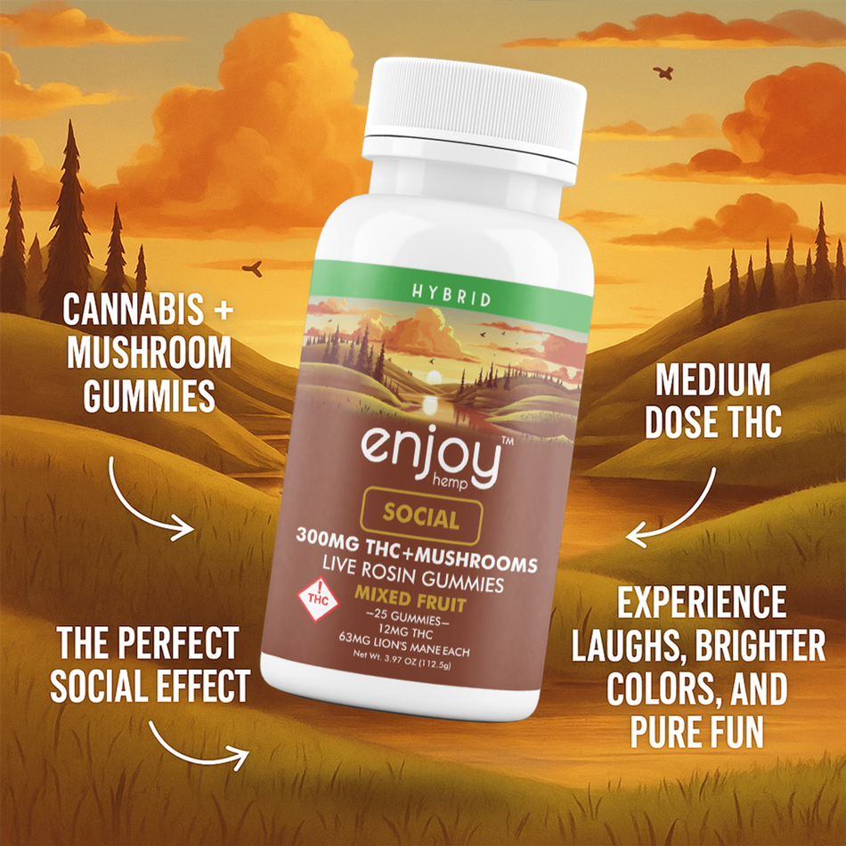 Enjoy Hemp Live Rosin Delta 9 THC + Mushrooms 300mg Gummies for Social (Hybrid) - 25 gummies | 12mg + 63mg Lion's Mane each