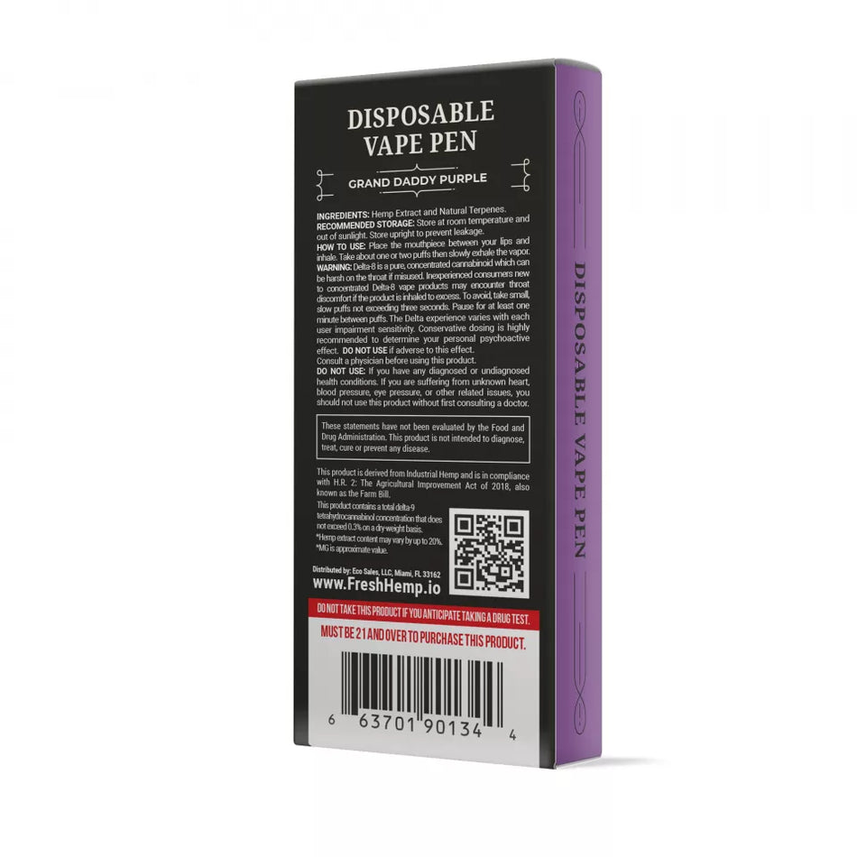 Grand Daddy Purp Strain Vape -Purple Vape Pen - Delta 8 THC - Fresh Brand - 900MG Best Sales Price - Vape Pens
