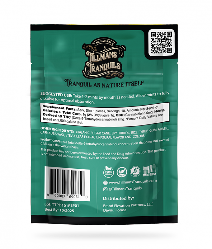 Tillmans Tranquils Peppermint Perfect Dose 20mg CBD 2mg THC Mints Best Sales Price - Edibles